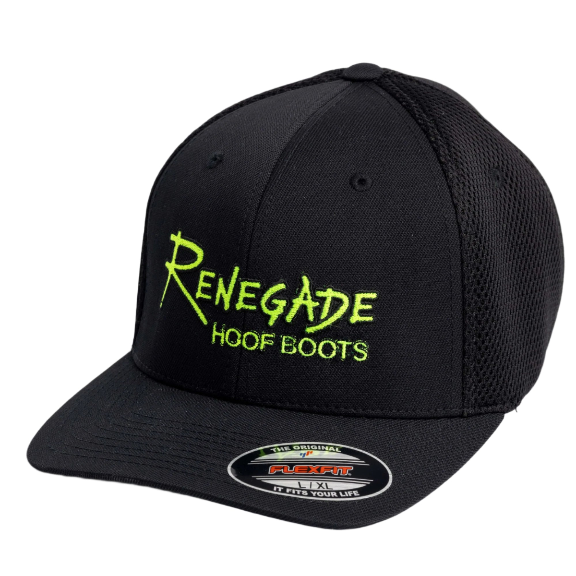 A black FlexFit cap with the Renegade Hoof Boots logo in green embroidery on the front.