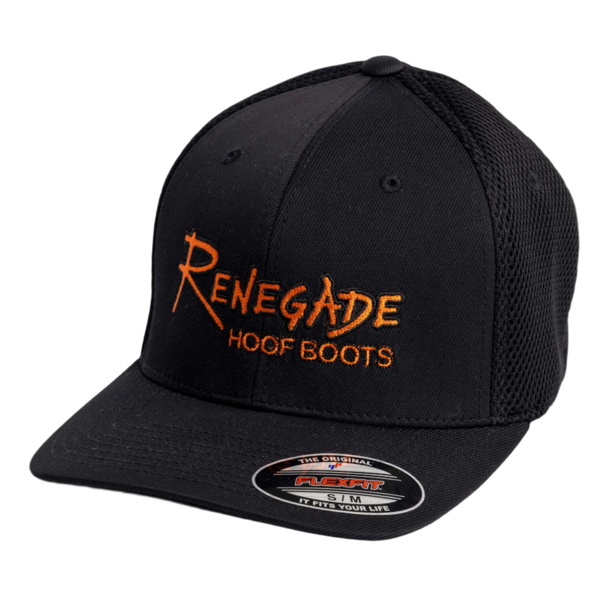 A black FlexFit cap with the Renegade Hoof Boots logo in orange embroidery on the front.