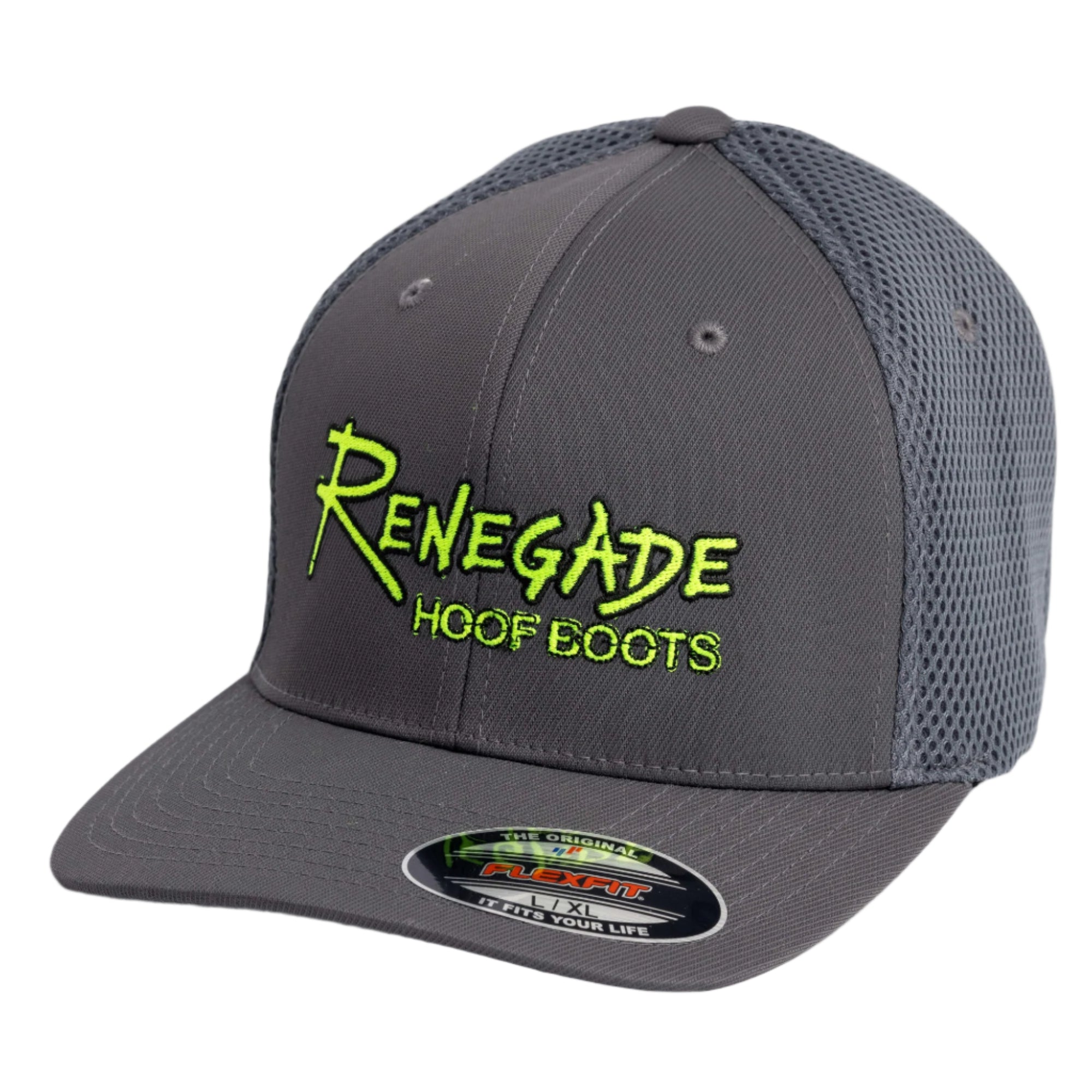 A gray Renegade FlexFit cap with a mesh back and an embroidered logo that reads &