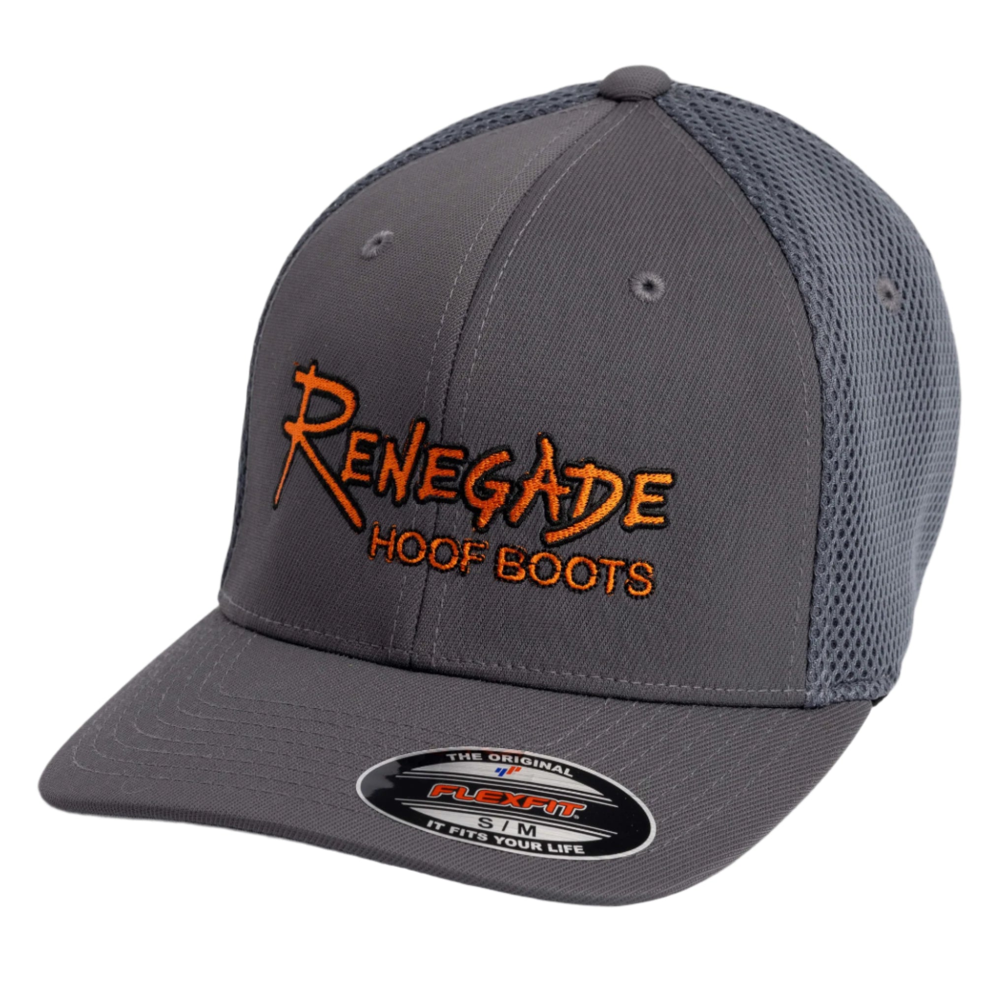 A gray Renegade FlexFit cap with a mesh back and an embroidered logo that reads &