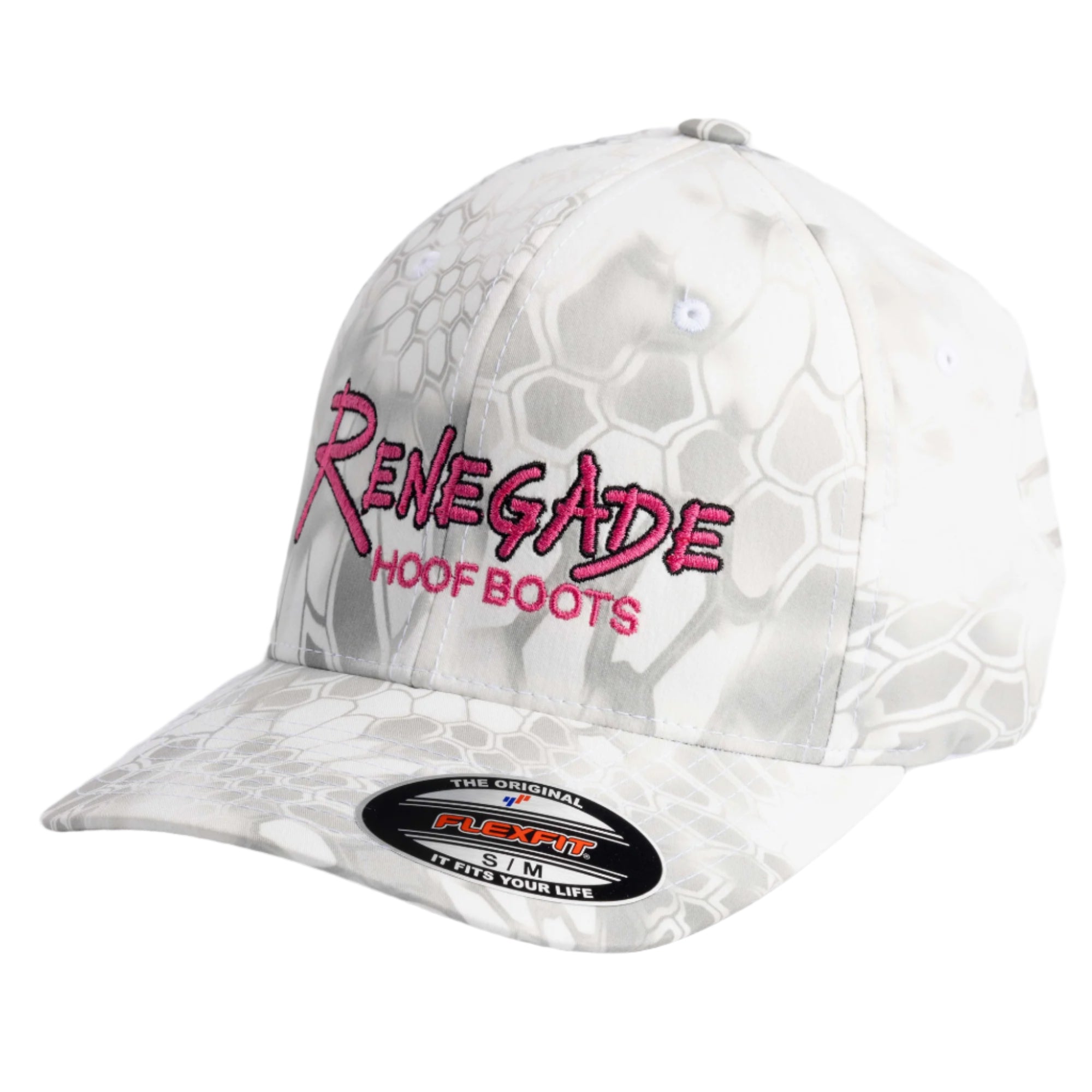 A white camouflage trucker cap with the Renegade Hoof Boots logo in pink and gray.