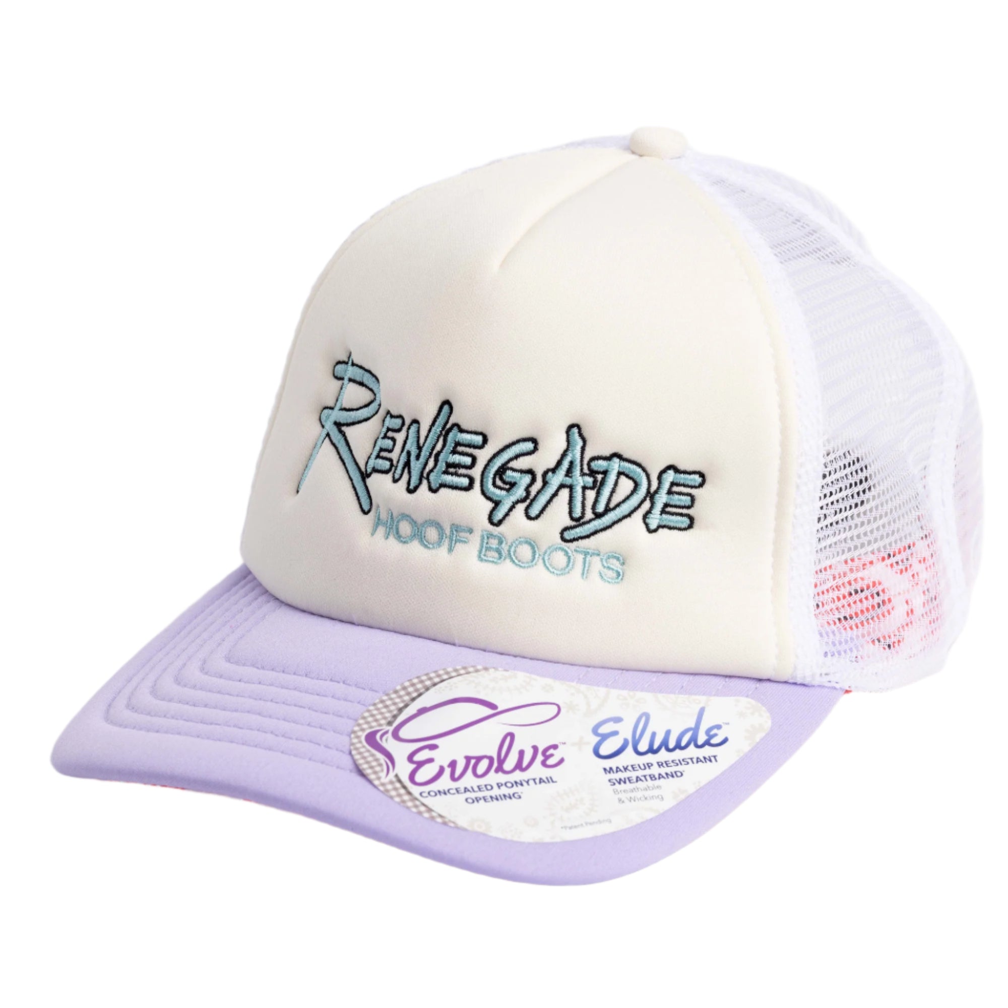 A lavender and white trucker cap with &