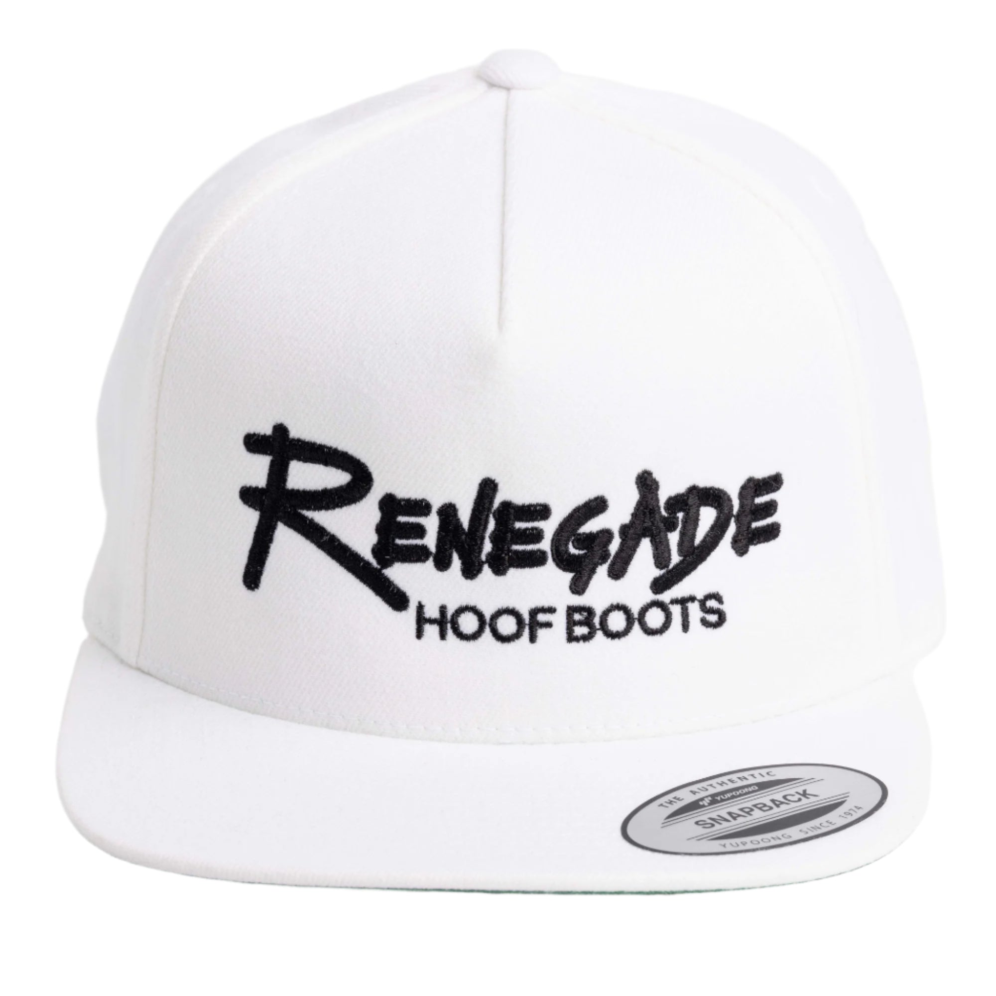 A white flat bill cap with the &