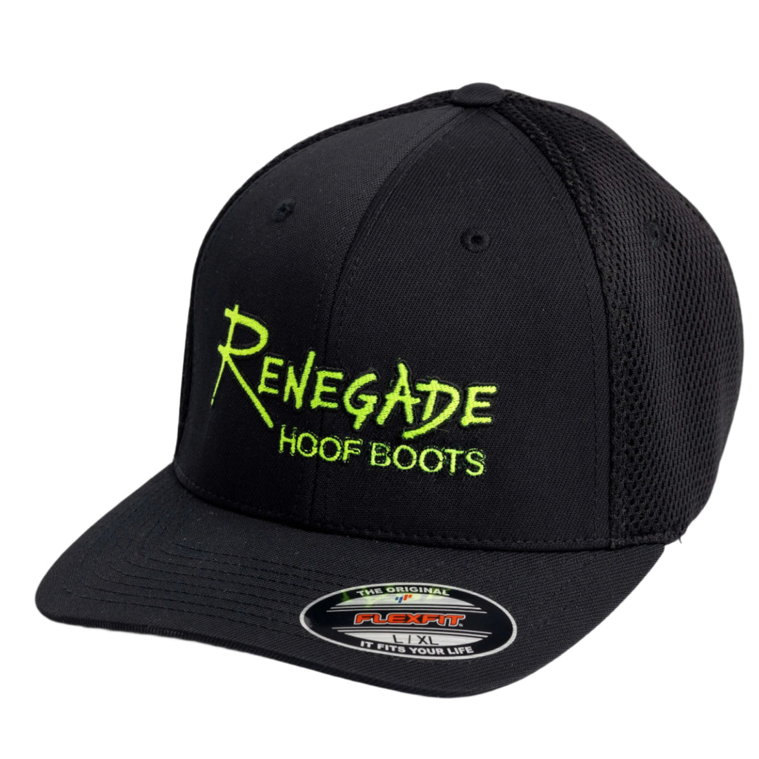 A black FlexFit cap with the Renegade Hoof Boots logo in green embroidery on the front.