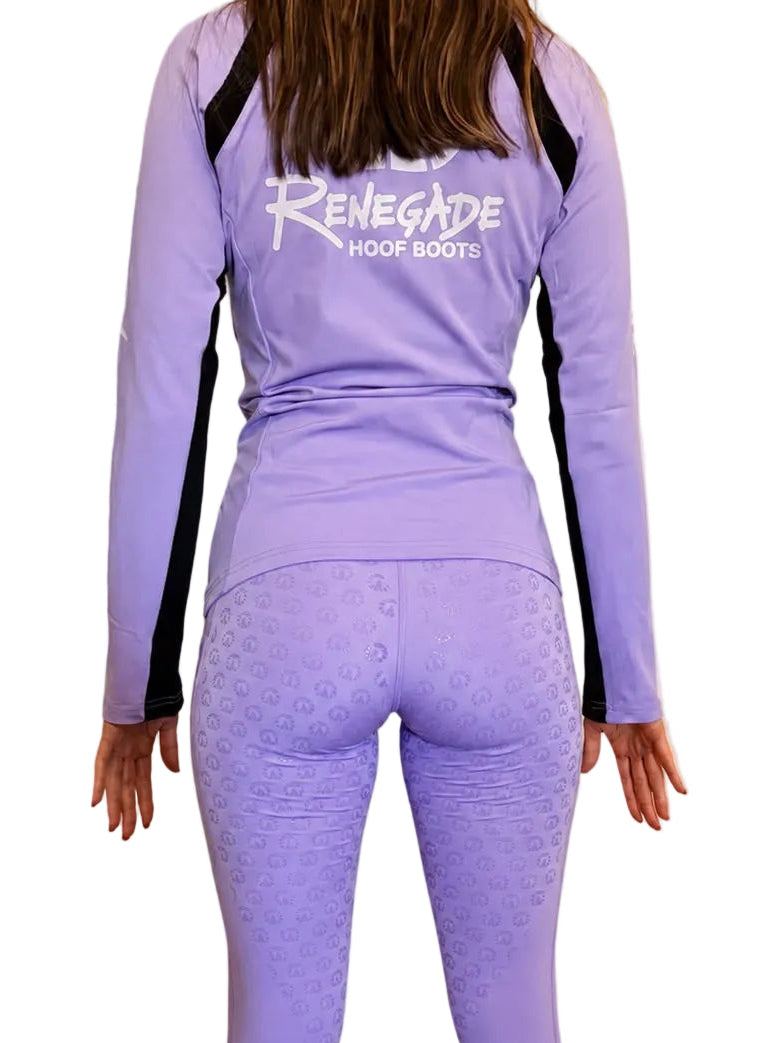 A model shown from the back wearing a lavender purple long-sleeve riding top  with black side panels and a white &