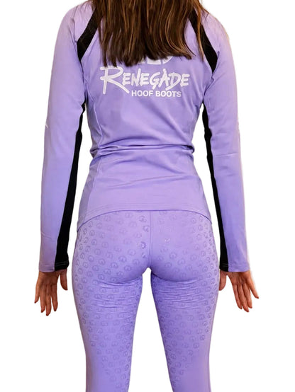 A model shown from the back wearing a lavender purple long-sleeve riding top  with black side panels and a white &