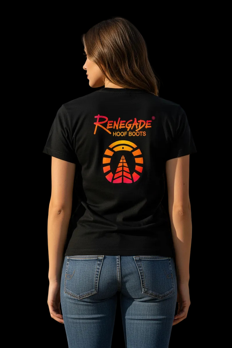 A woman shown from the back wearing a black short-sleeve t-shirt with a red and orange graphic on the back that reads &