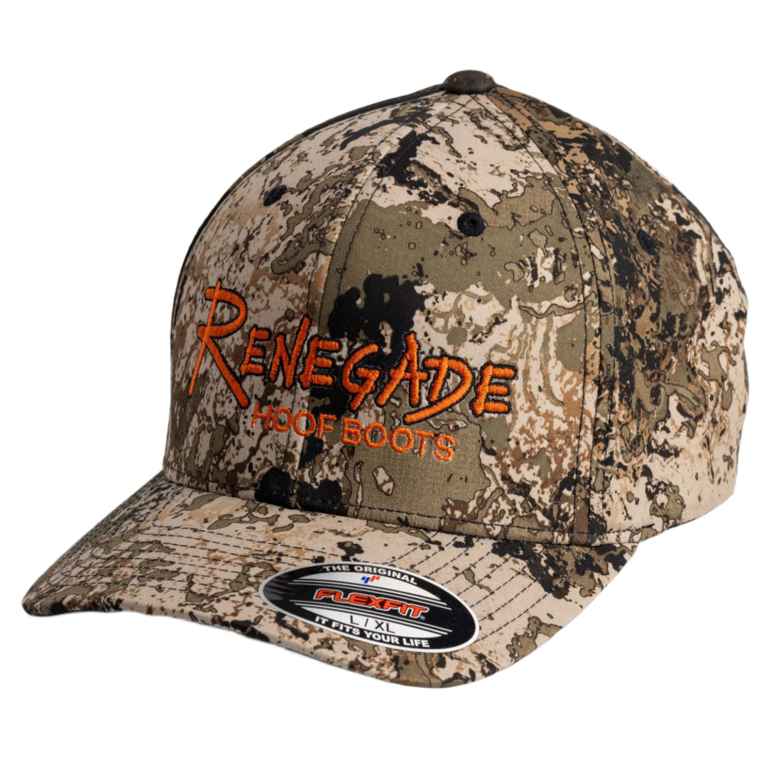 A camouflage trucker cap with the Renegade Hoof Boots logo embroidered in orange on the front.